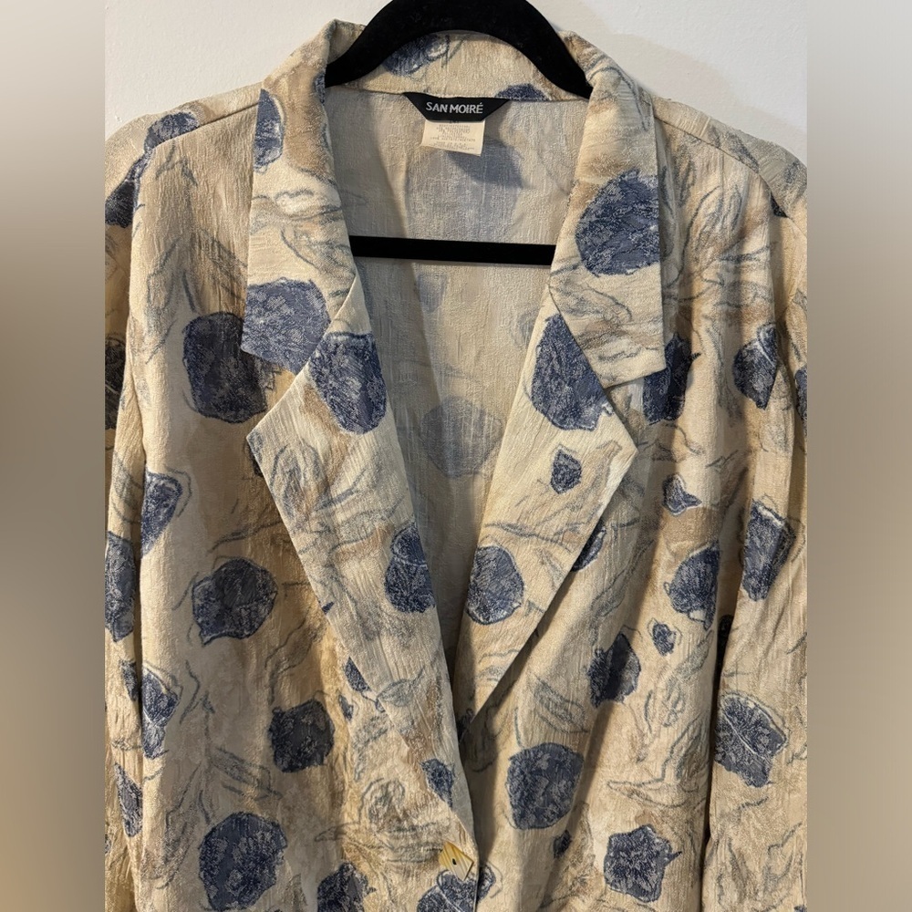 VTG 90’s San Moire Lightweight Blazer Oversized Cream Blue Floral Print Neutral - Picture 8 of 15